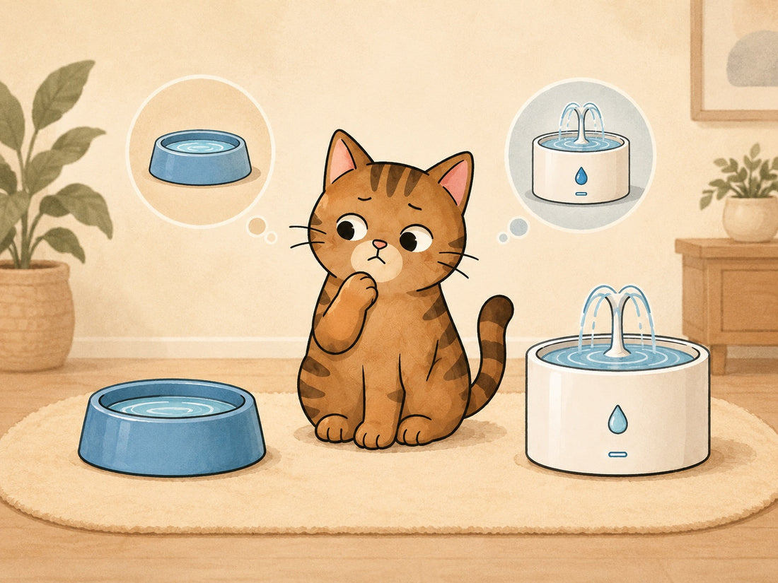 Regular cat water bowl and cat water fountain side by side in a calm illustrated home setting