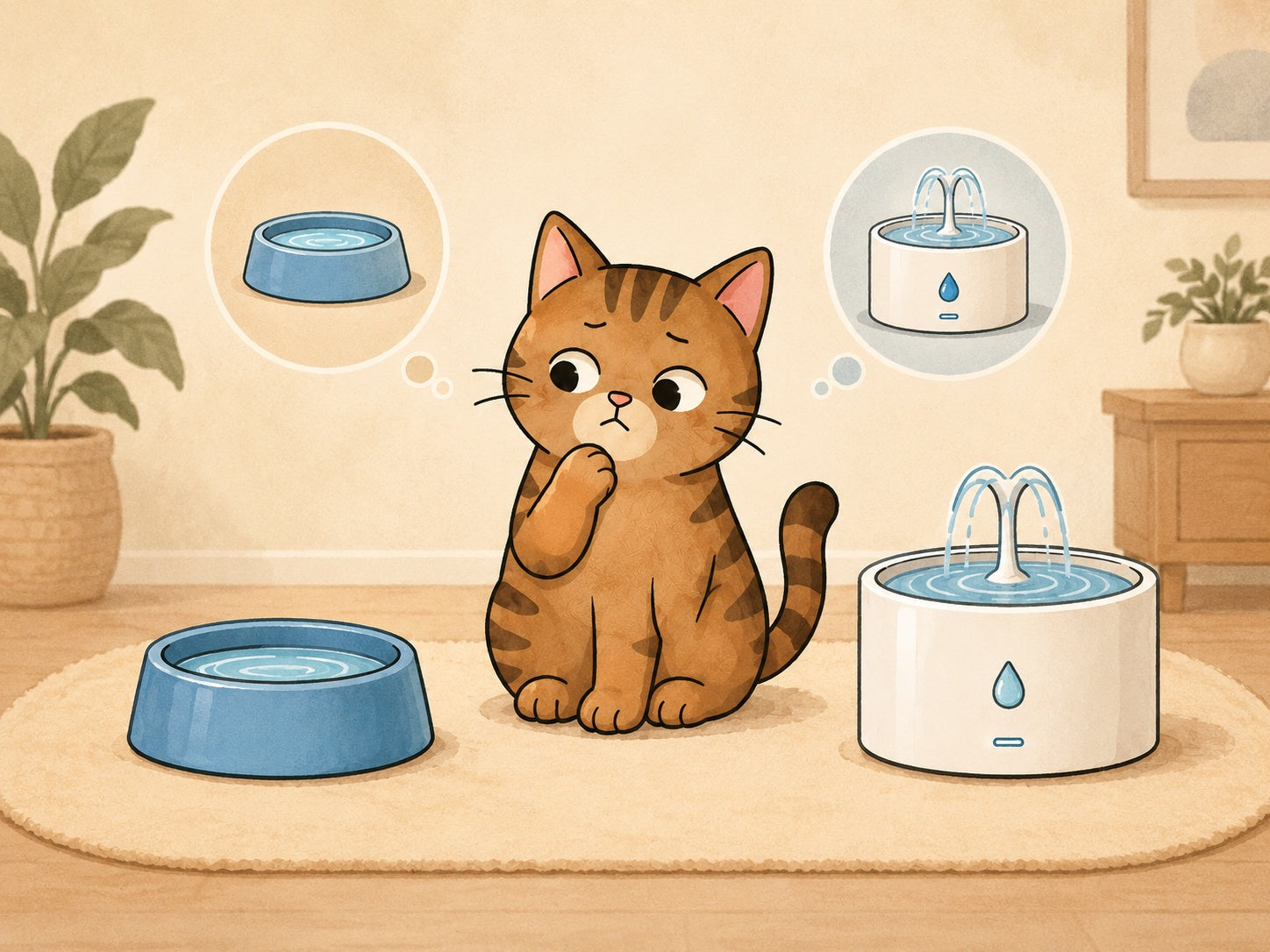 Regular cat water bowl and cat water fountain side by side in a calm illustrated home setting