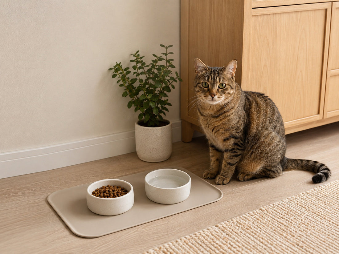 Calm cat feeding corner with stable food and water bowls on an easy-clean mat