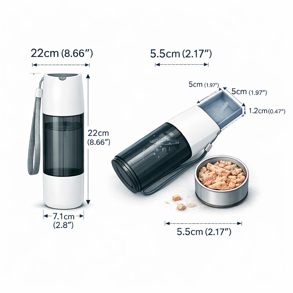 Measurement chart of a pet water bottle with dimensions labeled