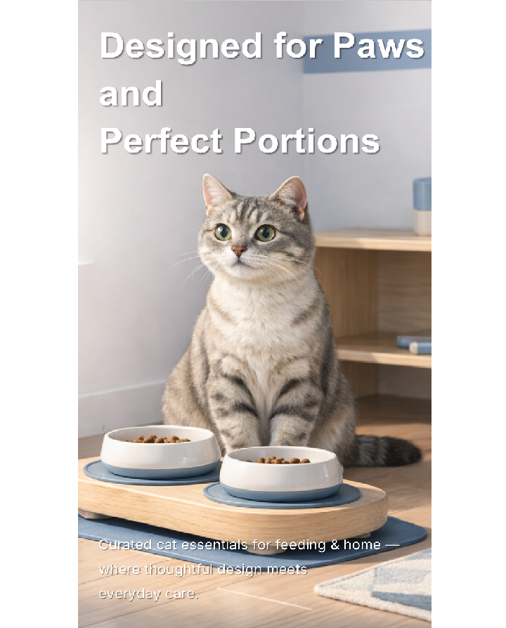 Cat sitting on a wooden platform with two bowls of food, text 'Designed for Paws and Perfect Portions' above.