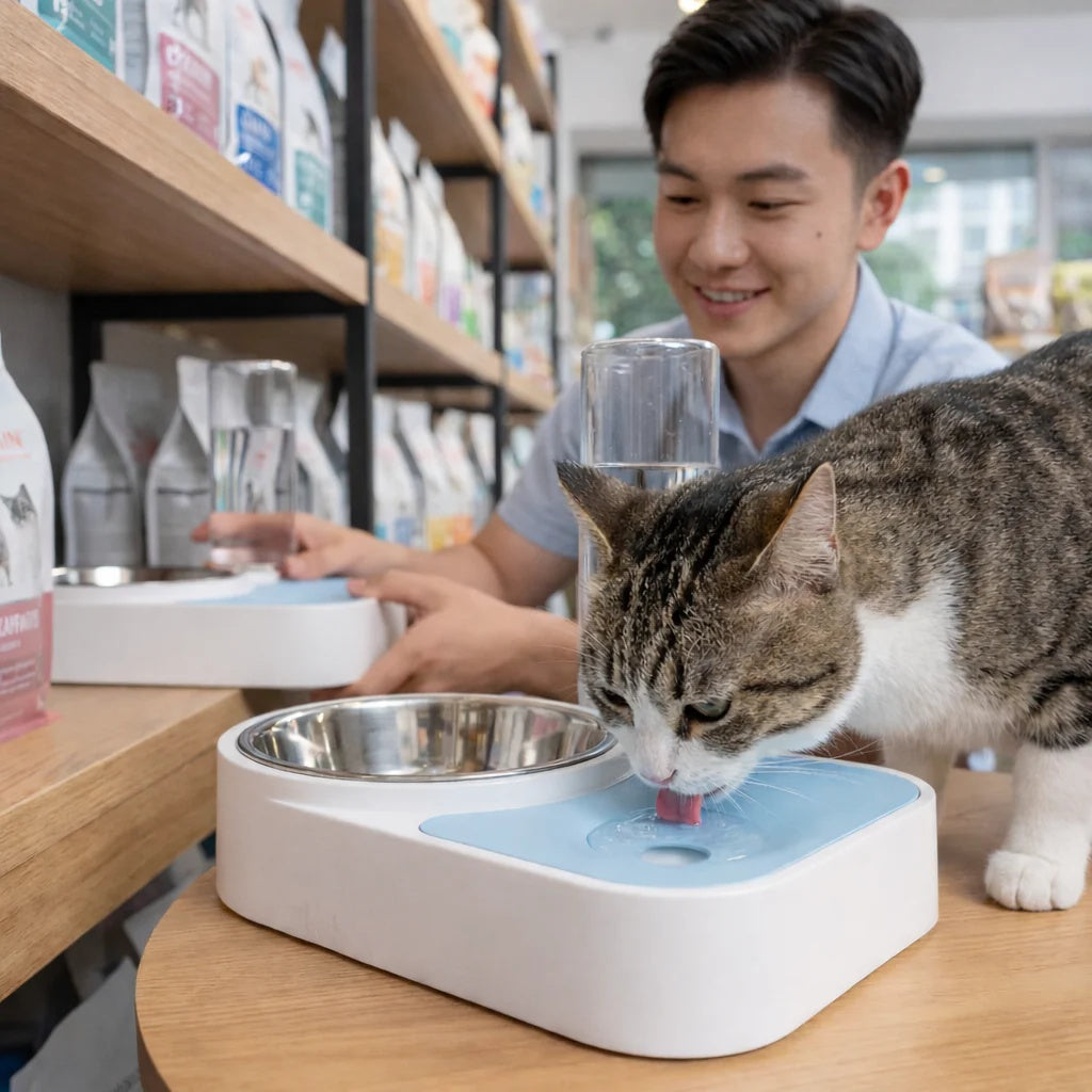 Man interacting with a cat at a pet store, using a pet water fountain.