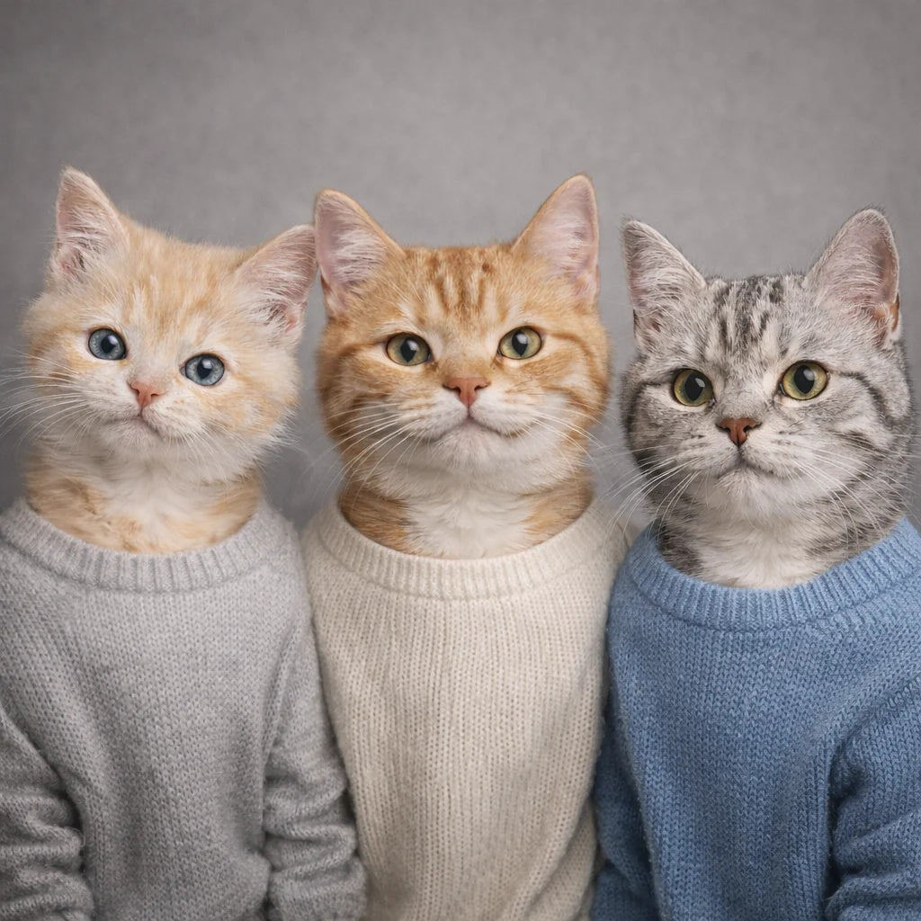 Three cats wearing sweaters in front of a gray background