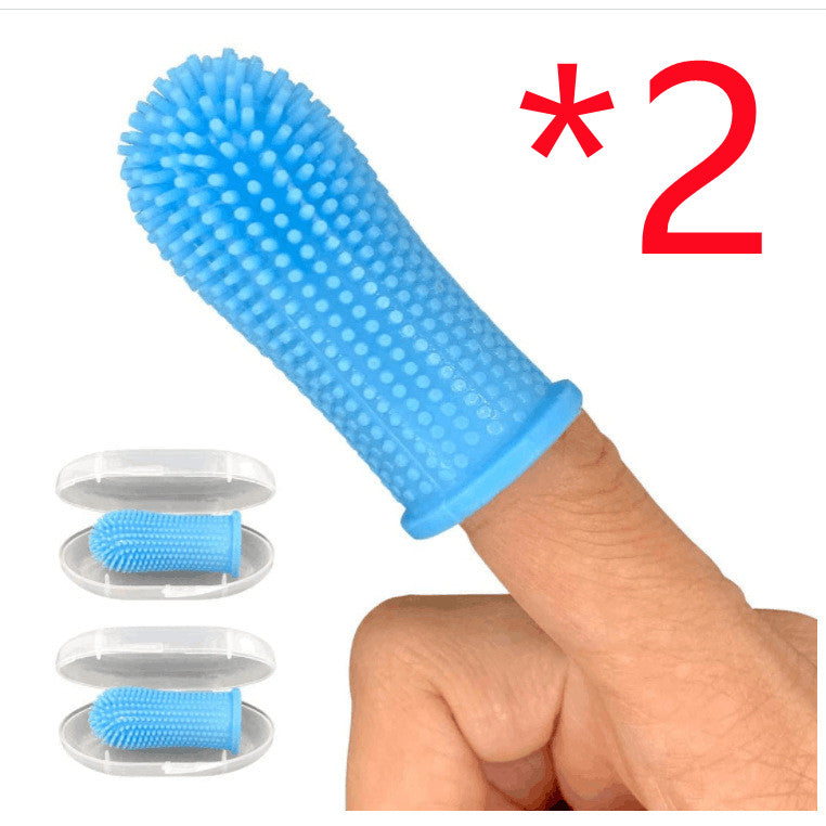 Blue silicone pet finger toothbrush 2pcs worn on finger with storage case