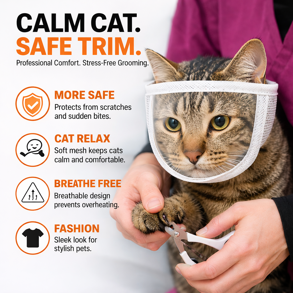 Soft mesh cat muzzle for safe stress free nail trimming