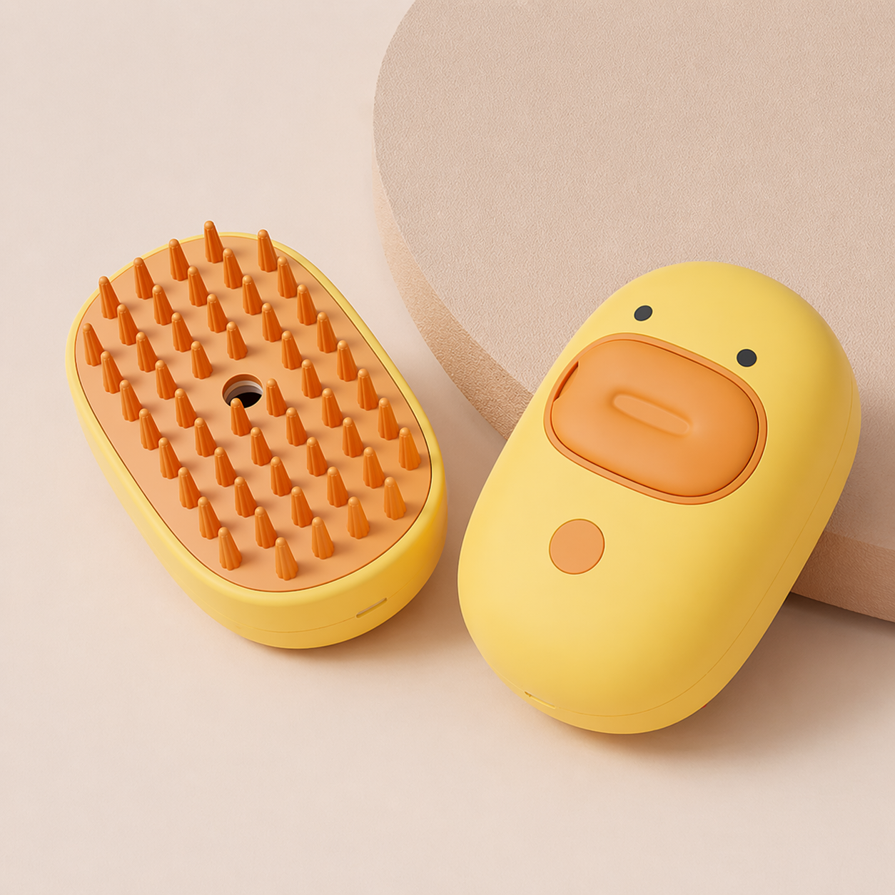 Yellow duck cat steam brush product shot silicone bristles steam hole