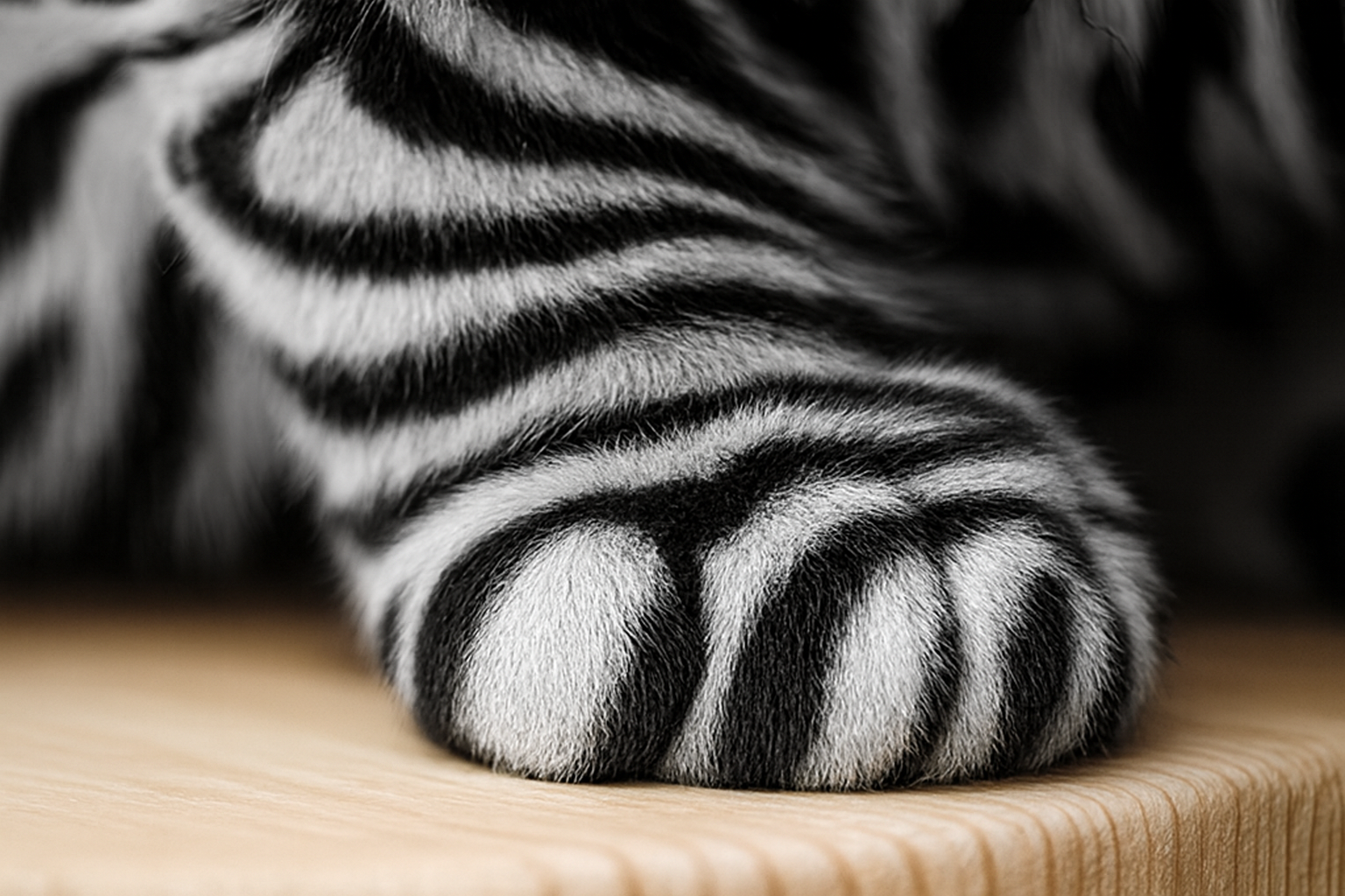 A cat paw with a zebra striped fur