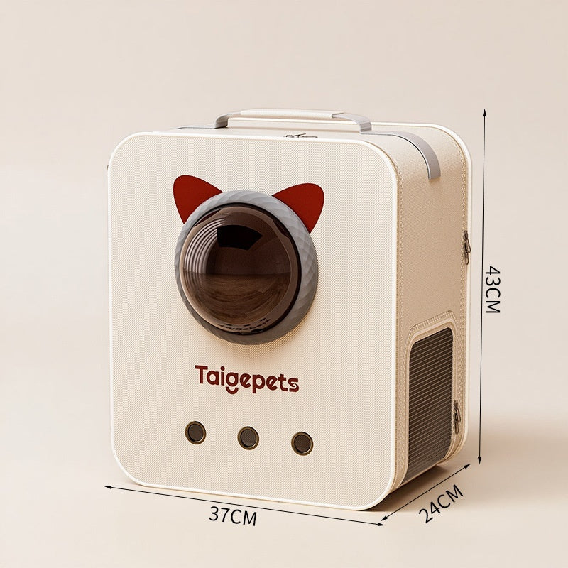 White cat suitcase carrier with space capsule window on wheels