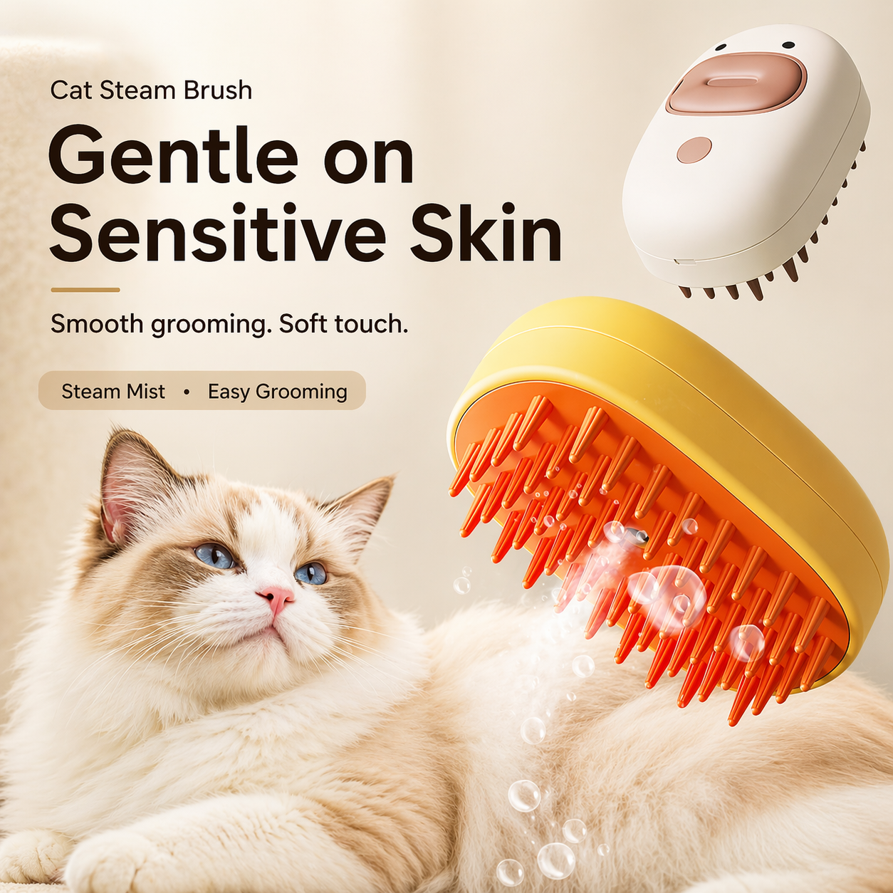 Cat steam brush gentle on sensitive skin soft touch steam mist grooming