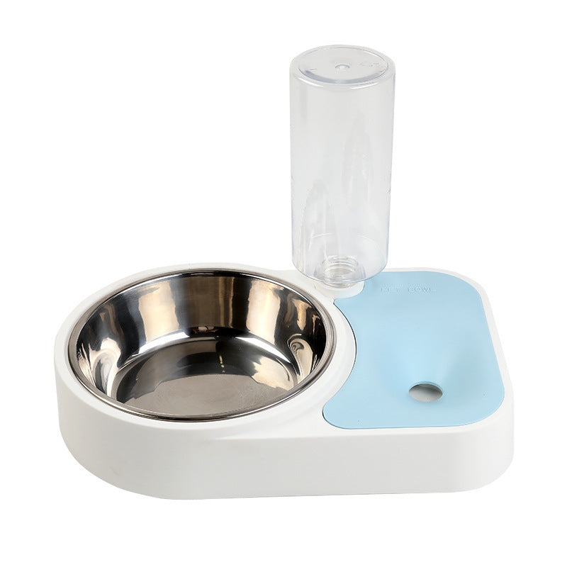 Pet feeding and water station with a stainless steel bowl, blue mat, and clear bottle on a white background.