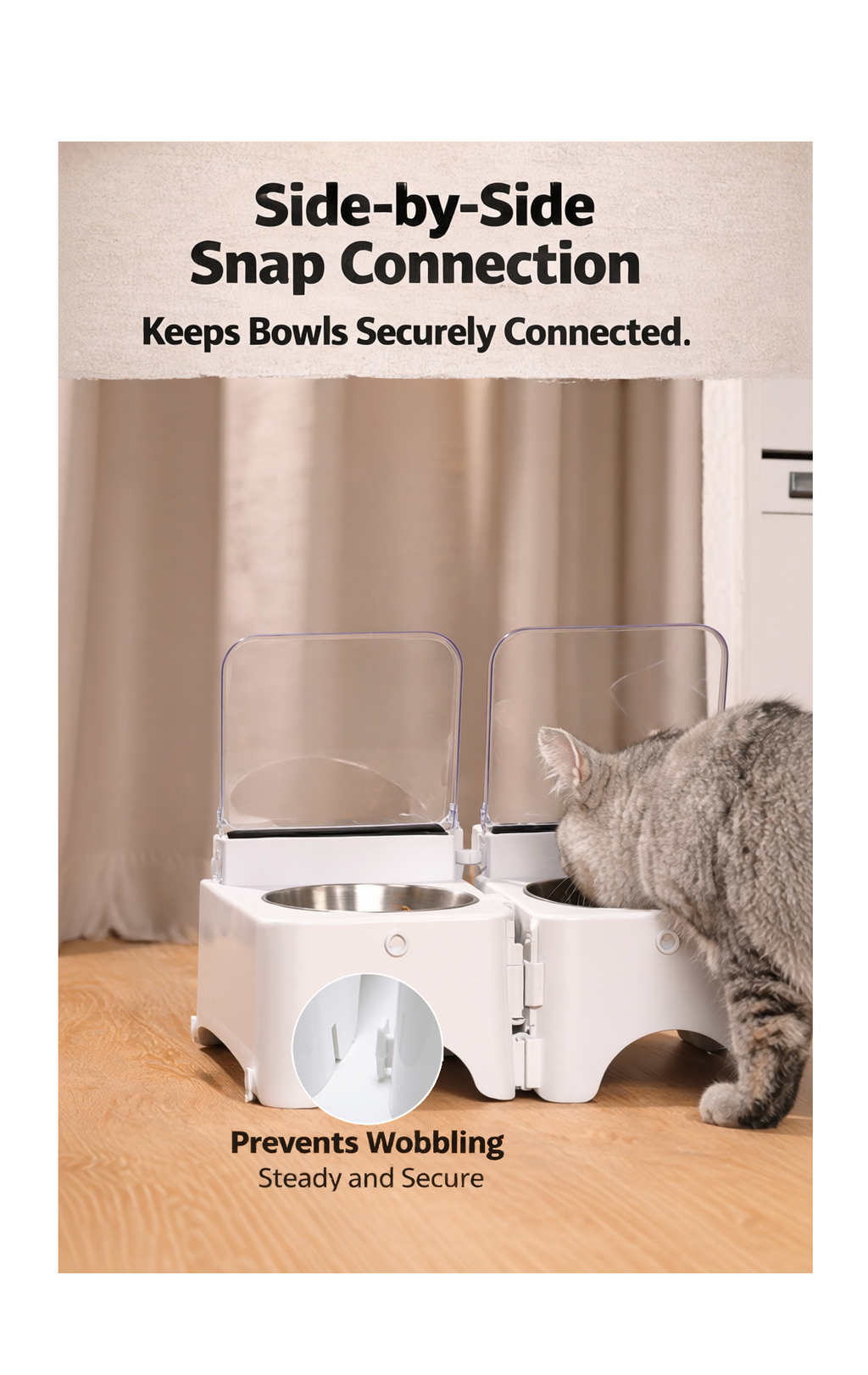 Pet feeder with side-by-side snap connection feature, showing a cat using it.
