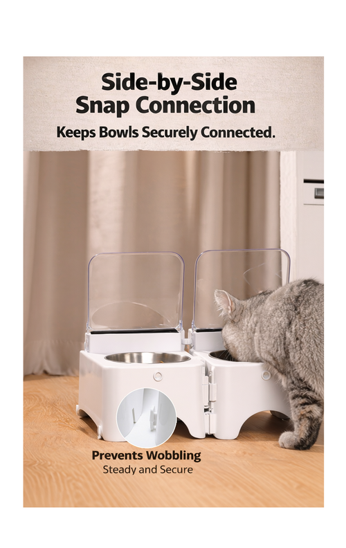 Pet feeder with side-by-side snap connection feature, showing a cat using it.