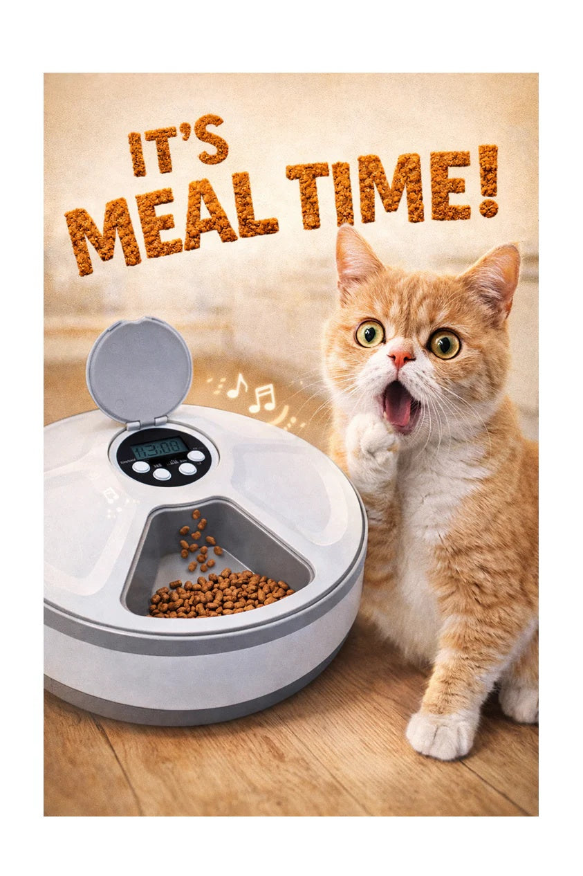 Cat next to an automatic pet feeder with 'It's Meal Time!' text above.