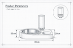 Technical drawing of a pet water bowl and drinking fountain with dimensions on a grid background.