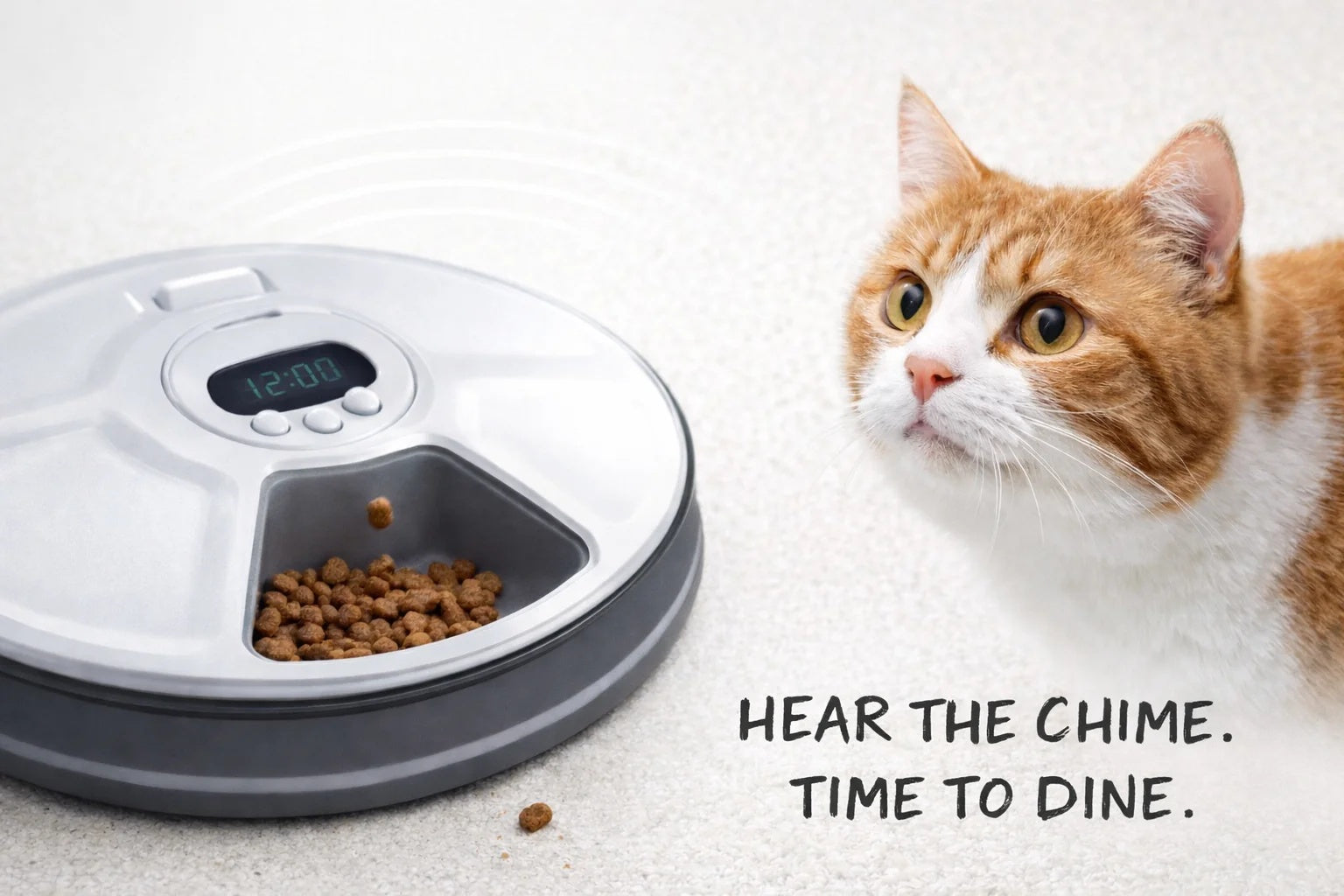 Cat looking at a pet feeder with text 'Hear the chime. Time to dine.'