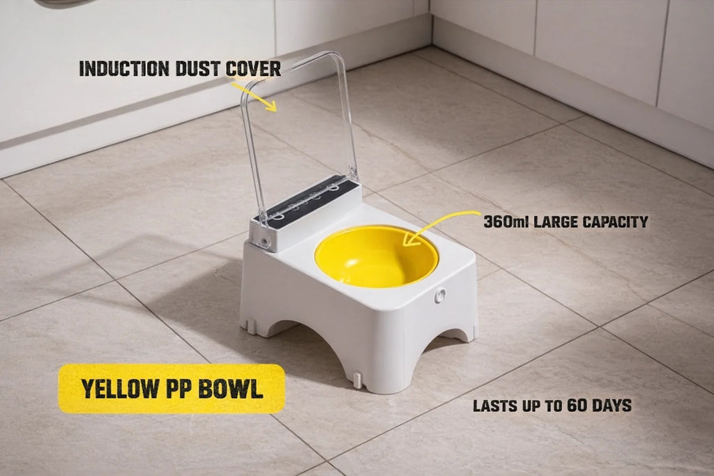 Small white and yellow pet toilet on a tiled floor with text highlighting features.