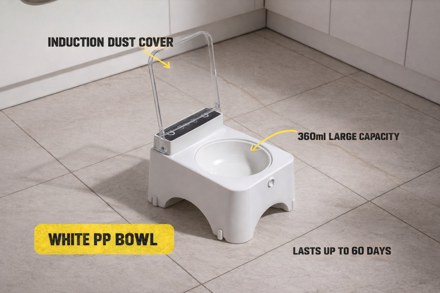 White PP bowl with features highlighted on a tiled floor