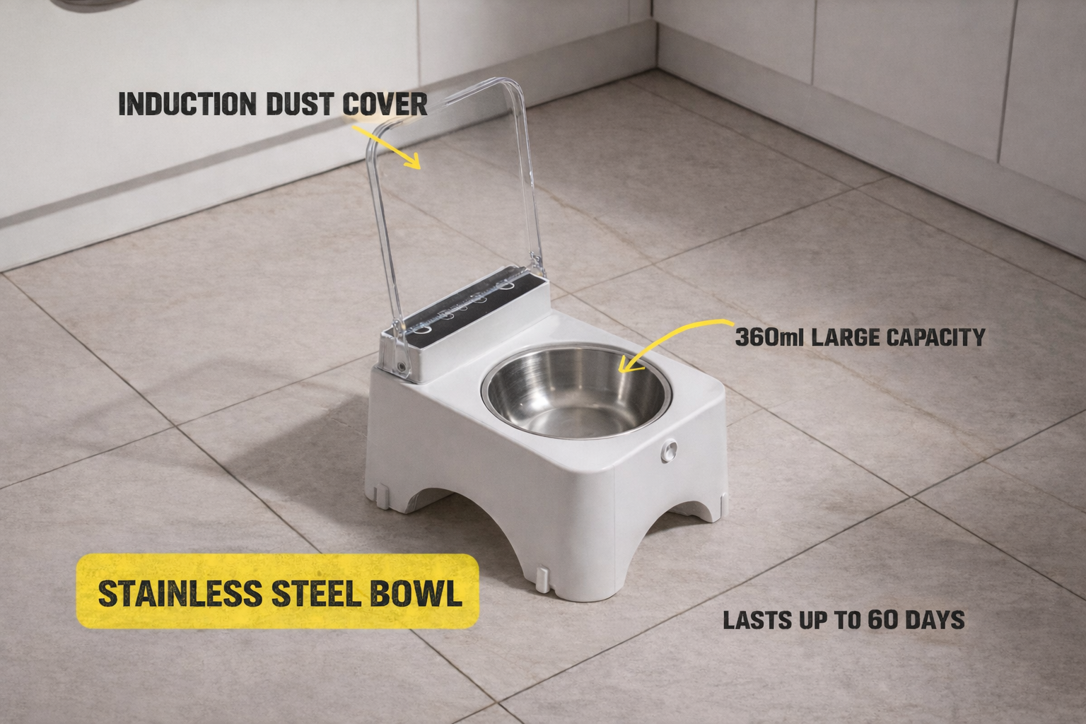 Pet Stainless Steel bowl with induction dust cover on a tiled floor