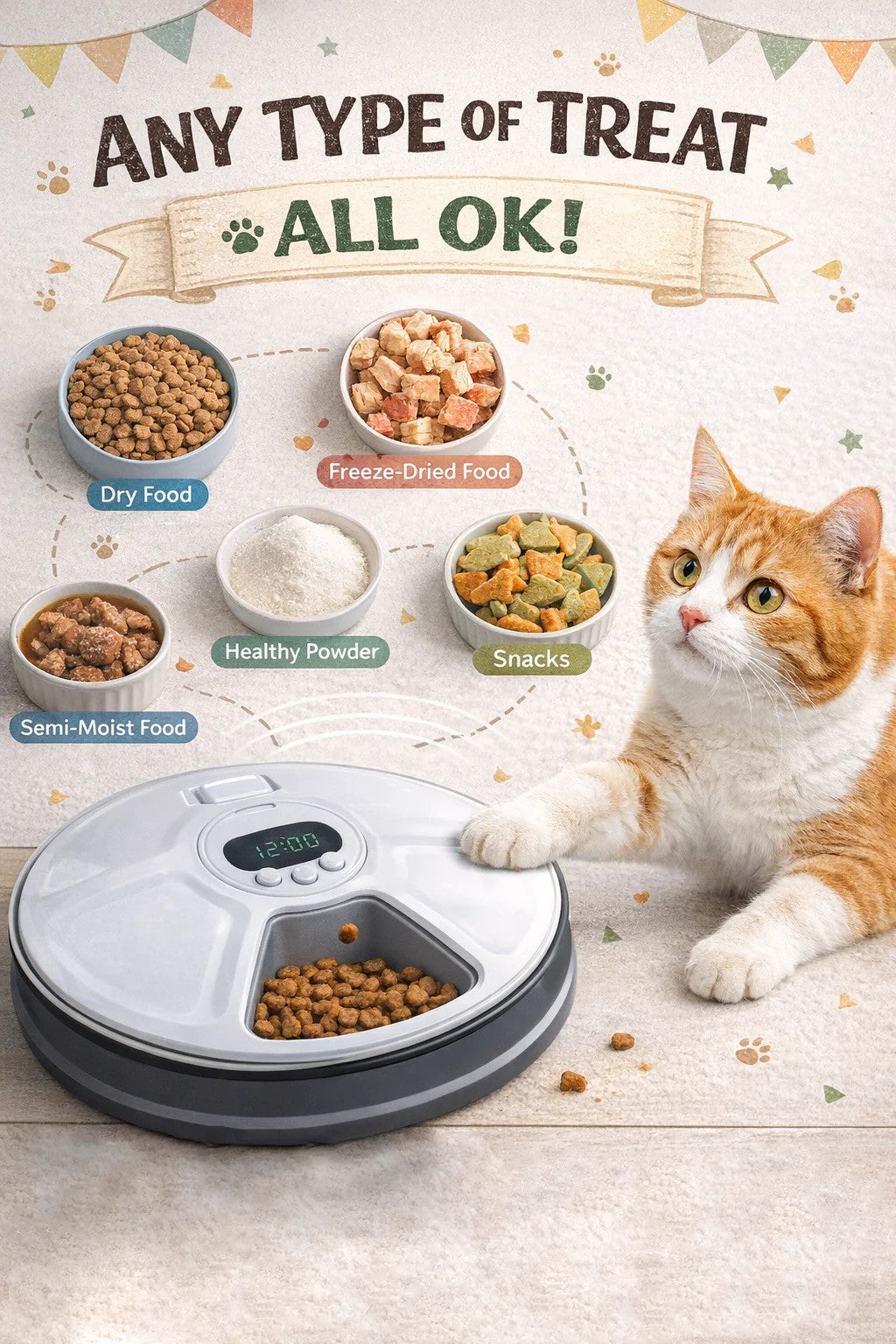 Cat food dispenser with various types of cat food and a cat on a light background