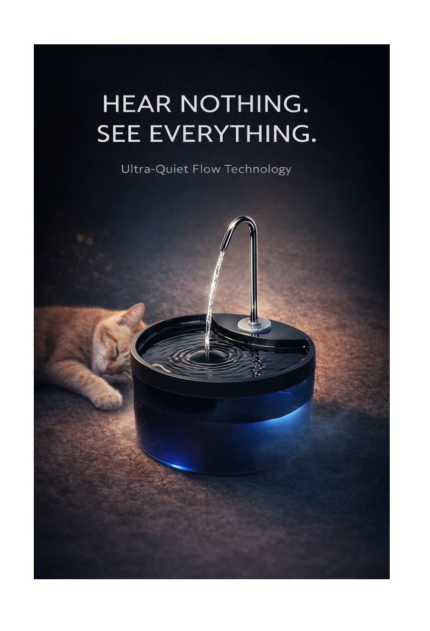 Pet water fountain with a cat drinking from it, featuring Ultra-Quiet Flow Technology.