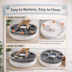 Instructions on how to open and close a pet feeding tray with a hand interacting with it.