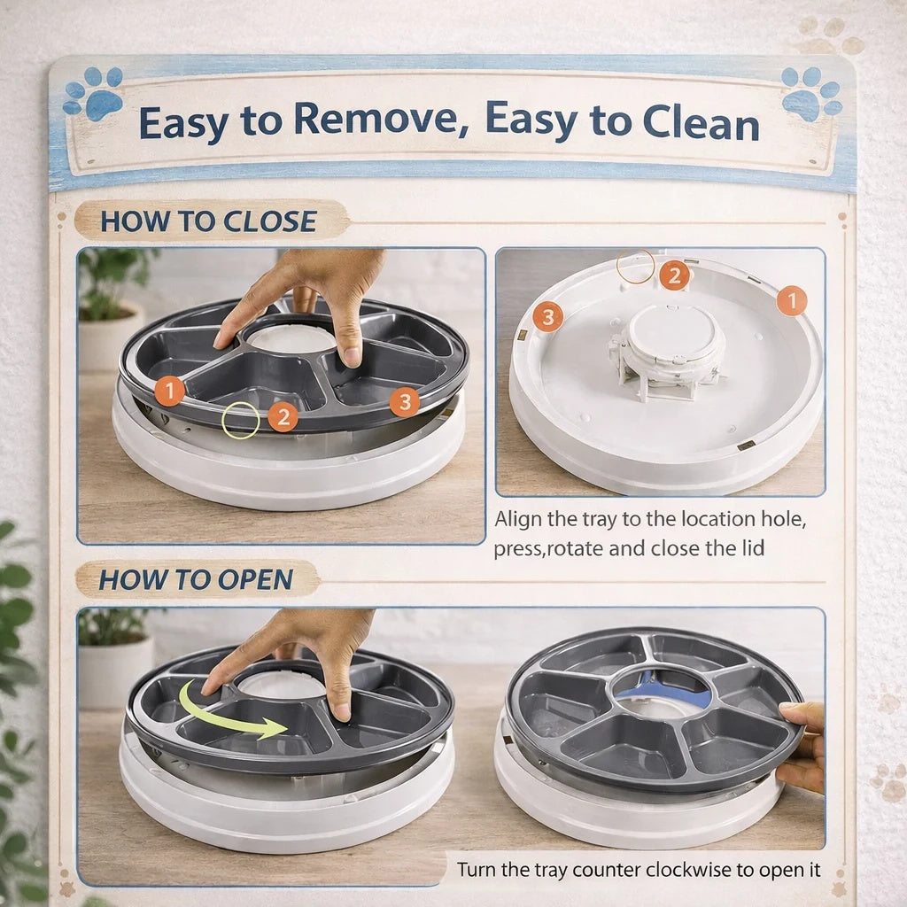 Instructions on how to open and close a pet feeding tray with a hand interacting with it.