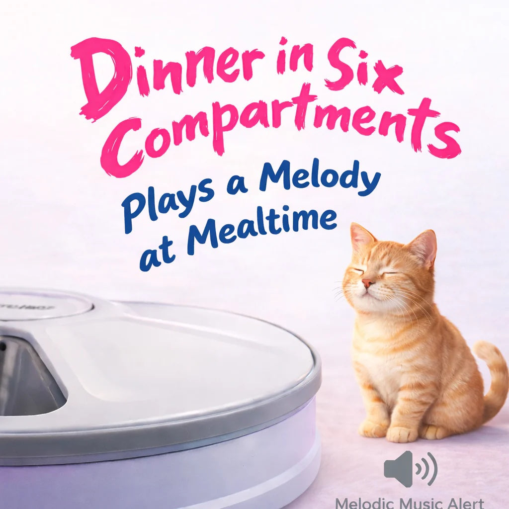 Cat sitting next to a pet food dispenser with text about music during mealtime.