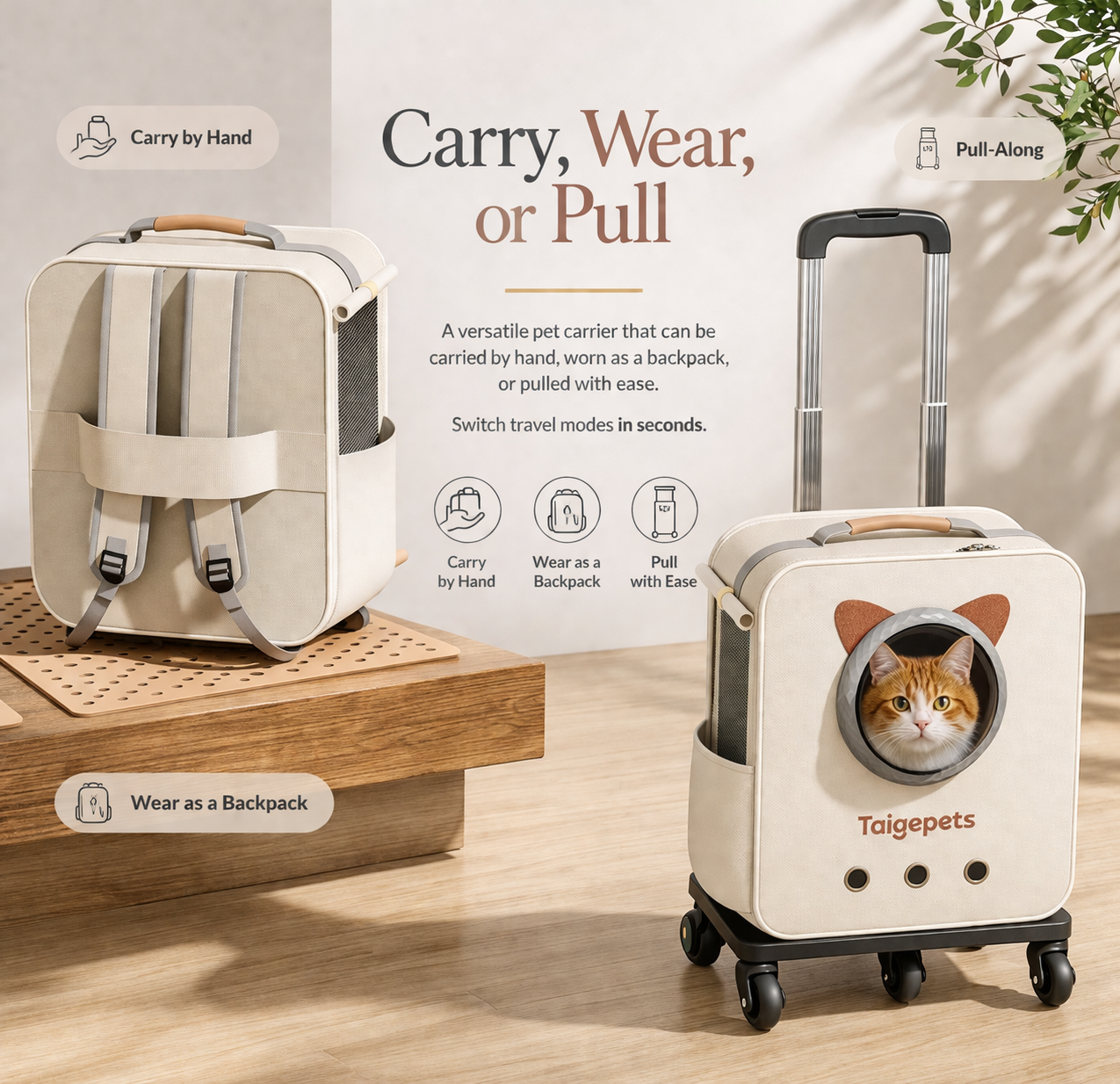 3 in 1 cat carrier backpack with wheels carry wear or pull.